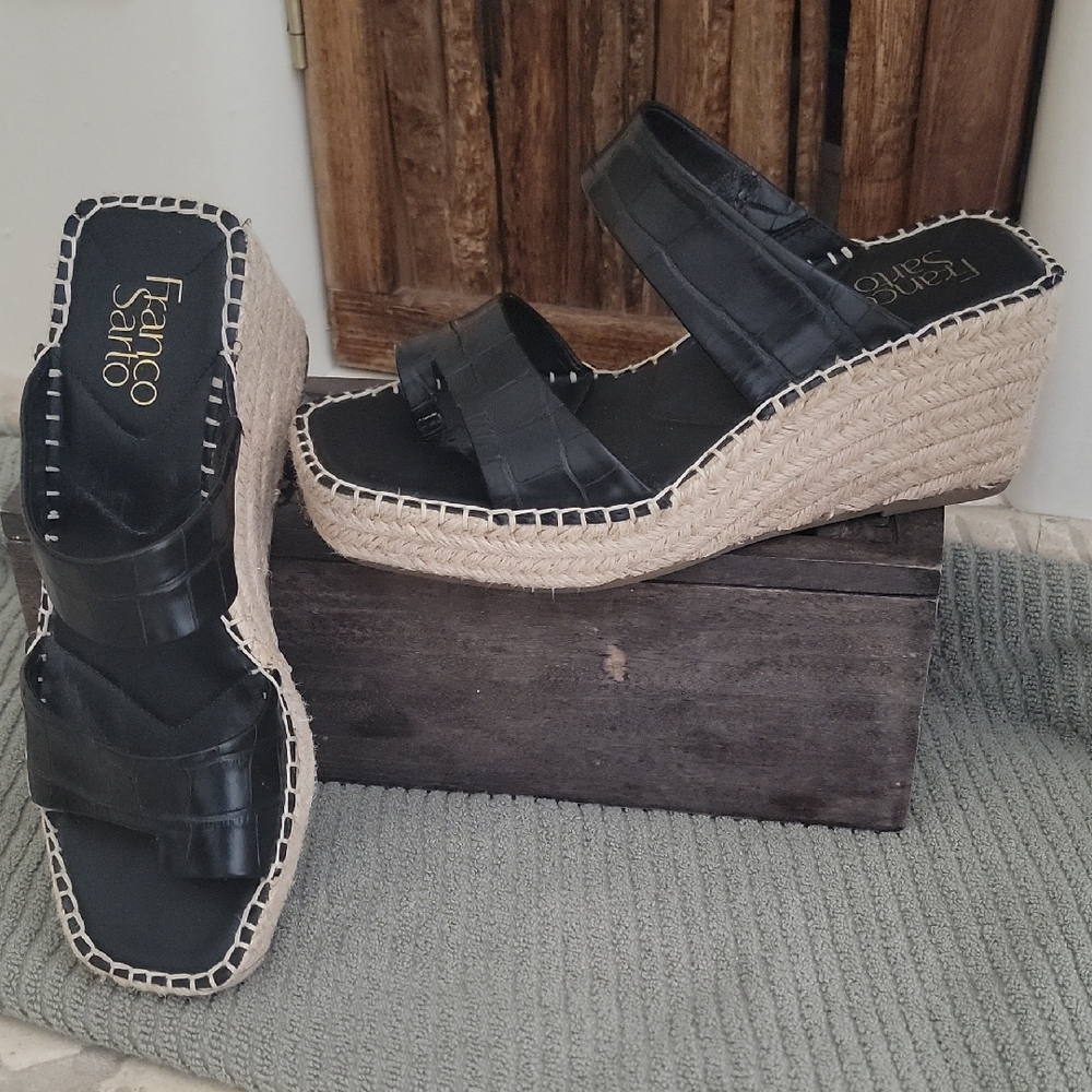 Franco Sarto Black and Tan Wedge Sandals with Espadrille Detail